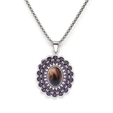 Vintage Stainless Steel Mandala Disc Pendant Necklace - Natural Picture Jasper Stone - Western Retro Flower Pendant for Men & Women