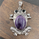 Antique Silver Frog Pendant Inlaid Natural Crystal Cabochon, Multi Gemstone Animal Totem Charm for Trendy Women Necklace DIY Jewelry Making