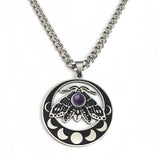 Vintage Moth Moon Phase Necklace - Gothic Stainless Steel Gemstone Amulet - Witchy Celestial Insect Jewelry for Women & Men