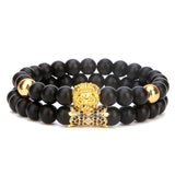Luxury Matte Black Agate Stone Bead Bracelet Set - 8mm Couples Distance Friendship Bracelets with Silver Lion Head & Crown Charms