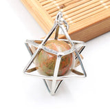 Merkaba Star Cage Natural Sphere Crystal Pendant Necklace, Silver‑Tone Metal Hollow Star Frame with Round Gemstone Bead Reiki Chakra Healing Necklace for Women