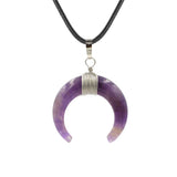 Natural Crystal Double Horn Crescent Moon Pendant, Wire Wrapped Cattle Horn Shape Stone Pendant 33x30mm, Healing Reiki Gemstone Necklace Pendant with Leather Cord for Jewelry Making Boho Gift