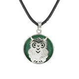Owl Hollow Pendant Necklace, Silver Plated Natural Crystal Inlay Black Wax Cord Wisdom Symbol Necklace