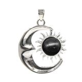 Natural Crystal Sun and Moon Pendant | Celestial Crescent Moon Gemstone Charm | Silver Alloy Sunburst Quartz Cabochon Jewelry Findings for DIY Making