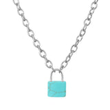 Natural Healing Crystal Lock Pendant Necklace, 20-inch Alloy Chain Chakra Gemstone Jewelry