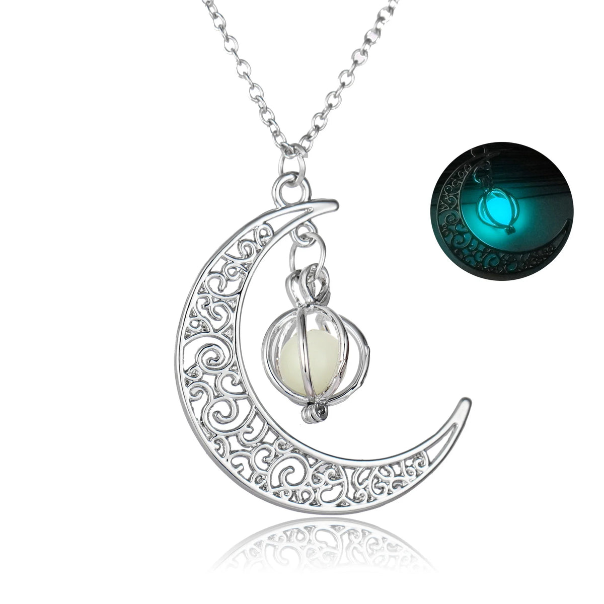 Hollow Crescent Moon Glow‑in‑the‑Dark Necklace, Luminous Ball Cage Pendant Necklace Vintage Fantasy Jewelry for Women