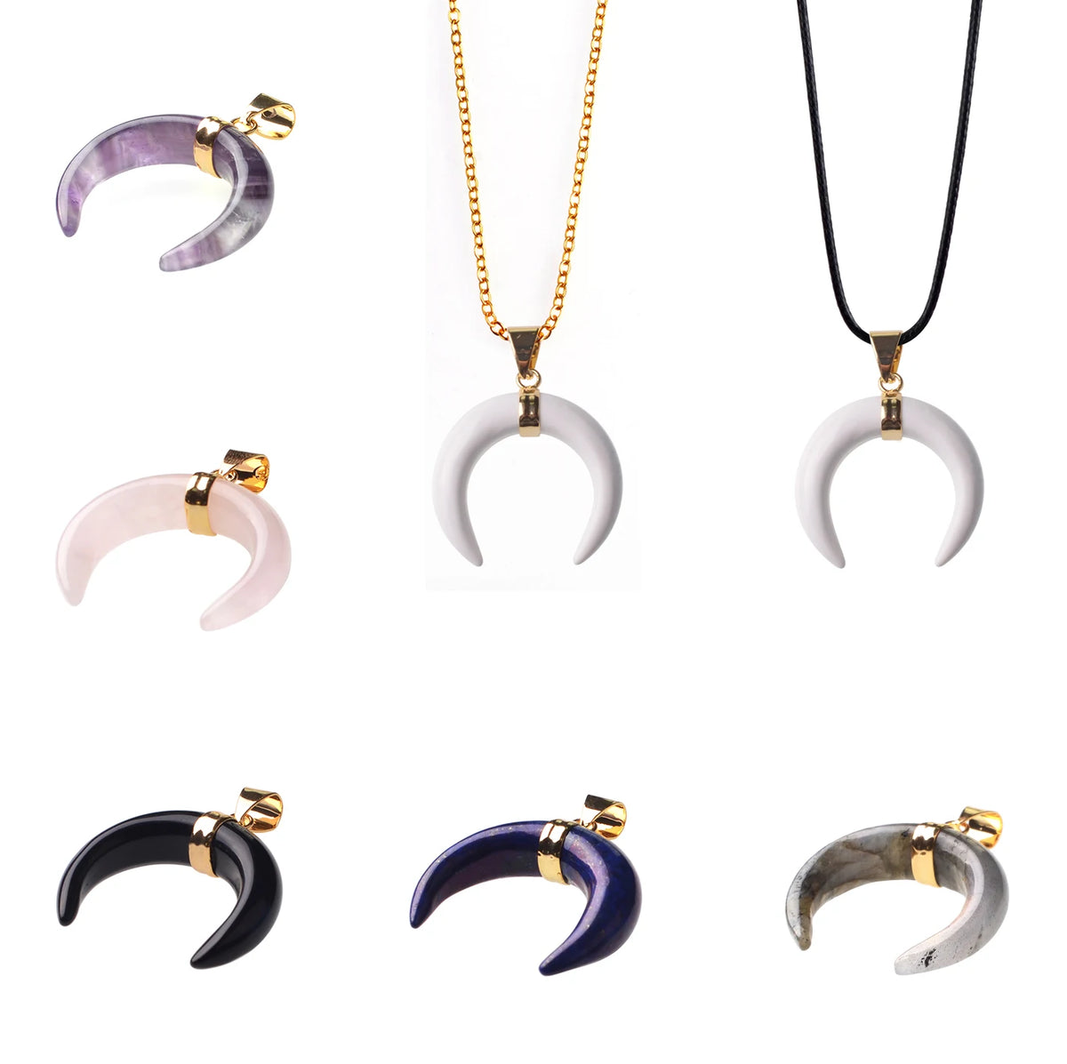 Polished Crescent Moon Horn Gemstone Pendant, Multi-color Natural Crystal Loose Charm for Necklace