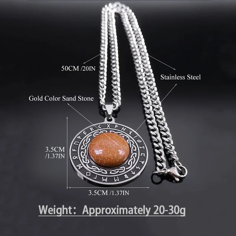 Retro Viking Rune Pendant Necklace - Stainless Steel Goldstone Amulet - Nordic Futhark Circle Jewelry for Men & Women