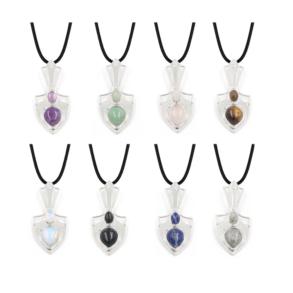 Shield Shape Two Stones Inlaid Natural Crystal Pendant 47×21mm, Silver Plated Alloy Double Gemstone Charm Pendant, Chakra Reiki Healing Stone Pendant for DIY Necklace Jewelry Making Spiritual Boho Gift