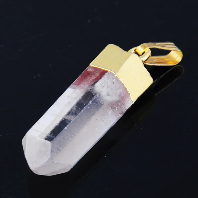 Gold Plated Natural Clear Quartz Point Pendant Necklace, Raw Crystal Point Healing Stone Pendant for Women Men
