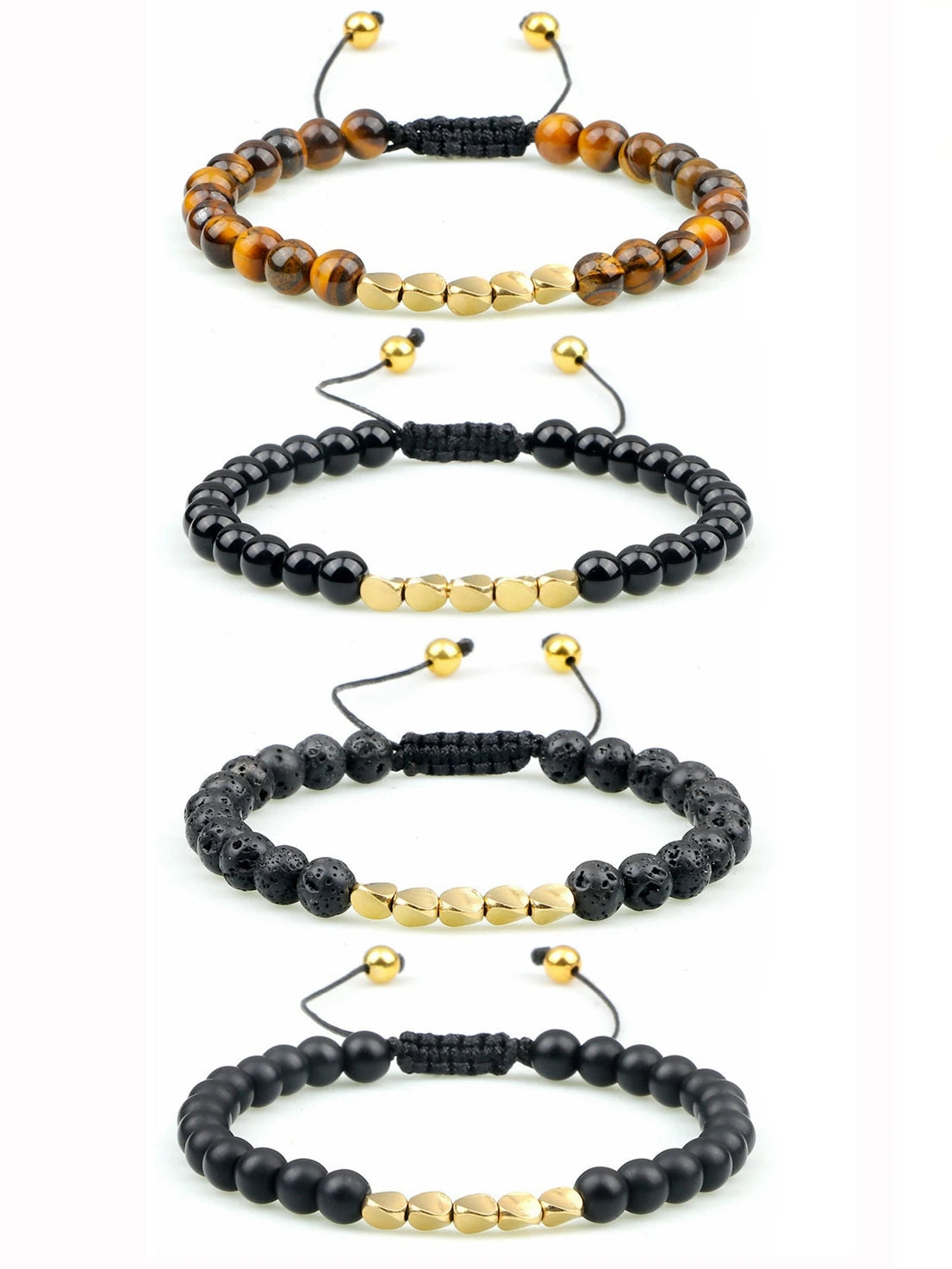 Men Natural Tiger Eye Black Onyx Lava Rock Bracelet, Adjustable Slider Braided Rope Beaded Bracelet with Gold Spacer Beads Energy Healing Wrist Jewelry
