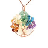 Chakra Tree of Life Wire Wrapped Pendant, Natural Crystal Chip Stone Round Pendant 45mm, Rose Gold Copper Handmade Wrapped Healing Reiki Crystal Necklace Pendant for Jewelry Making Gift