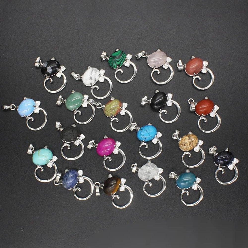 Crystal Lovely Cat Pendant Necklace birthday gift Handmade Cat Stone Pendant Necklace for Women, Healing Crystal Amulet Cat