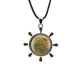 Nautical Ship Wheel Cord Necklace • Casual Silver Mariner Helm Pendant with Natural Gemstone Sphere • Unisex Rugged Black Leather Rope Jewelry