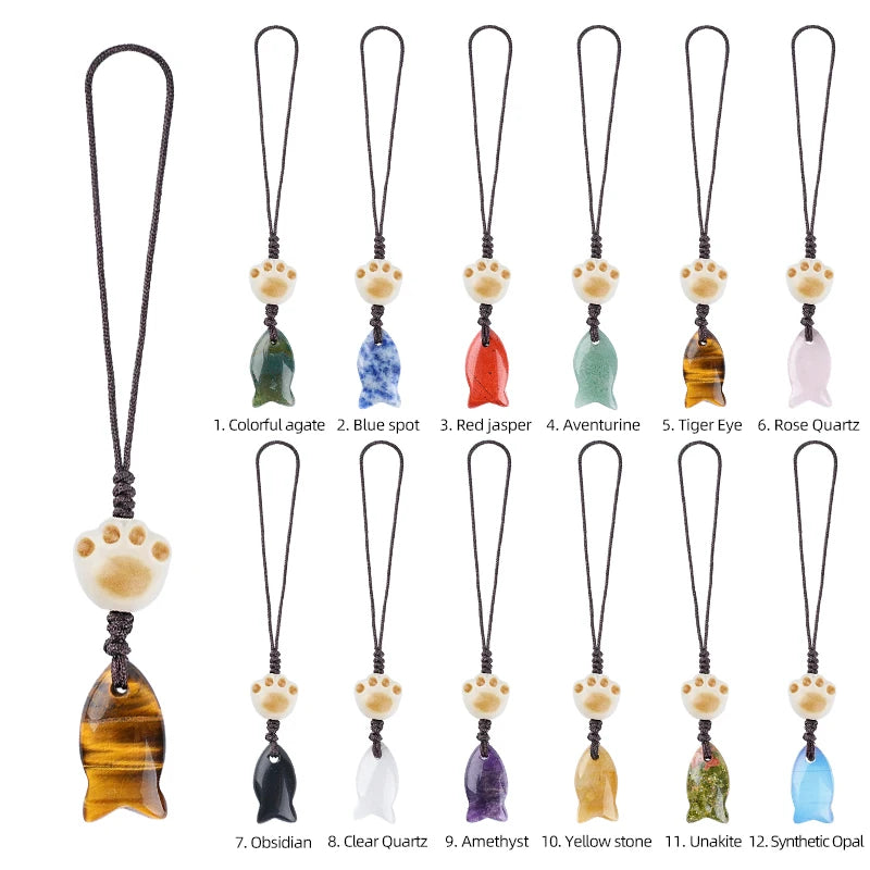 Cute Cat Paw & Little Fish Crystal Phone Charm, 22mm Natural Gemstone Fish Pendant Keychain, Aesthetic Y2K Kawaii Bag Charm Accessory Gift