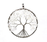 Tree of Life Crystal Chip Pendant, Silver Wire Wrapped Round Natural Gemstone Tree of Life Charm, Reiki Healing Stone Necklace Pendant for Women