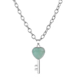 Heart Key Natural Crystal Pendant Necklace Silver Alloy Love Lock Gemstone Chakra Healing Necklace for Women Gift