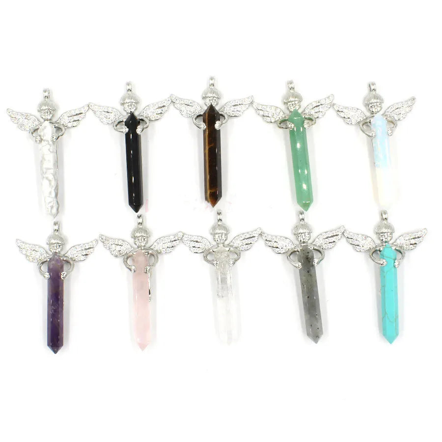 Silver Angel Wing Natural Crystal Point Pendant 35×65mm, Double Terminated Hexagonal Crystal Stone Charm, Reiki Chakra Healing Angel Guardian Pendant for DIY Necklace Spiritual Boho Jewelry Gift