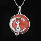 Round Natural Gemstone Pendant Silver Tone Crescent Moon Cat Crystal Charm for DIY Jewelry Making Necklace Craft Supplies