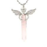 Silver Angel Wing Natural Crystal Point Pendant 35×65mm, Double Terminated Hexagonal Crystal Stone Charm, Reiki Chakra Healing Angel Guardian Pendant for DIY Necklace Spiritual Boho Jewelry Gift