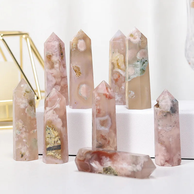 Natural Flower Agate Crystal Point Tower Polished Hexagonal Obelisk Wand for Home Decor Meditation Crystal Collection Gift
