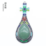 Ethnic Enamel Vase‑Shape Natural Gemstone Pendant, Retro Hollow Alloy Teardrop Cabochon Crystal Pendant, Colorful Enamel Chakra Reiki Healing DIY Necklace Jewelry Charm