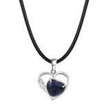 Natural Crystal Hollow Heart Pendant Necklace, Gemstone Charm with Black Rope for Women