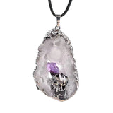 Drusy Agate Crystal Pendant Necklace Jewelry Raw Crystal Cluster Silver Wrapped 45cm Black Cord