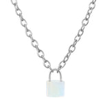 Natural Healing Crystal Lock Pendant Necklace, 20-inch Alloy Chain Chakra Gemstone Jewelry
