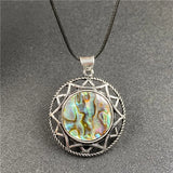 Vintage Six-Pointed Star Openwork Pendant Inlaid Natural Gemstone, Abalone Shell Tiger Eye Rose Quartz Cabochon Antique Silver Spiritual Crystal Necklace for Women