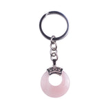 Natural Gemstone Donut Keychain Antique Silver Crown Bail Peace Circle Crystal Key Ring Reiki Healing Stone Key Chain Charm Bag Purse Hanging Ornament