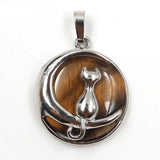 Round Natural Gemstone Pendant Silver Tone Crescent Moon Cat Crystal Charm for DIY Jewelry Making Necklace Craft Supplies