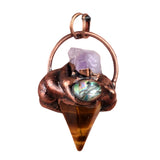 Gothic Mixed Stone Sacred Geometry Pendant - Antique Red Copper Wrapped Crystal Point and Abalone Shell Spiritual Necklace