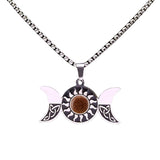 Stainless Steel Triple Moon Goddess Necklace with Celtic Knot - Natural Tiger's Eye Sun Pendant - Wiccan Pagan Spiritual Jewelry for Men & Women