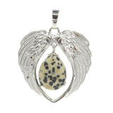 Natural Crystal Angel Wings Pendant | Teardrop Gemstone Heart Amulet Charm | Silver Alloy Feather Wing Quartz Droplet Jewelry Findings for DIY Making