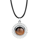 Sunburst Round Natural Gemstone Pendant, Silver Plated Sun Ray Frame Round Cabochon Crystal Stone Pendant Reiki Chakra Healing Charm for DIY Necklace Jewelry Making