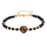 4mm Faceted Black Crystal Beaded Bracelet with 10mm Natural Stone Center Bead Gold Plated Adjustable Extension Chain Chakra Healing Bracelet for Women