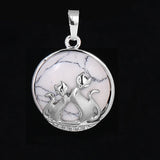 Natural Gemstone Round Pendant Silver‑Tone Double Cat Silhouette Overlay Charm, Mixed Crystal Stone Cat Lover Pendant DIY Necklace Jewelry Making Reiki Healing