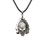 Dark Culture Silver Skull Fire Amulet Necklace • Vintage Biker Flame Skeleton Crystal Holder Pendant • Unisex Hip Hop Streetwear Jewelry