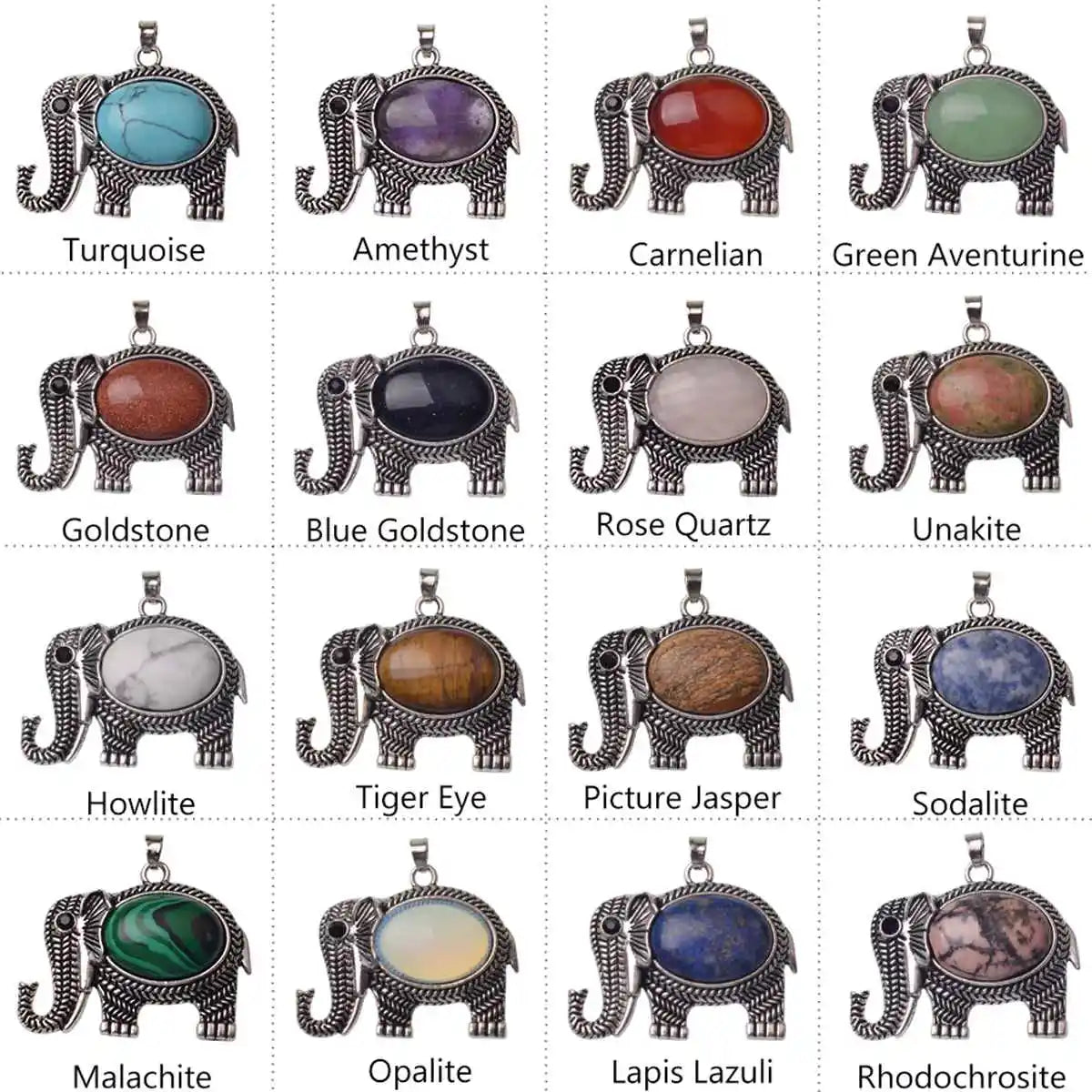 Retro Hollow Pattern Elephant Natural Stone Pendant, Vintage Alloy Lucky Elephant Charm, Healing Crystal Reiki Meditation Amulet for Handmade Necklace
