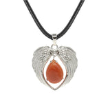 Vintage Silver Angel Wings Heart Necklace - Natural Stone Wax Cord Teardrop Pendant for Men & Women, Spiritual Gift