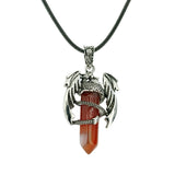Gothic Winged Dragon Hexagonal Crystal Point Necklace, Vintage Silver Pterosaur Column Pendant, Punk Minimalist Protection Amulet with Black Rope Cord for Men & Women