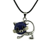Natural Crystal Cat Pendant Necklace, Silver Alloy Frame Gemstone Charm, Healing Jewelry for Cat Lovers