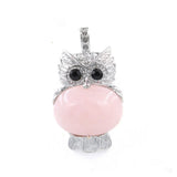 Owl Shape Natural Gemstone Pendant, Silver‑Plated Animal Crystal Charm, Wisdom Owl Healing Stone Necklace Pendant for DIY Jewelry Making