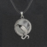 Eagle Silhouette Round Pendant Necklace Silver Lace Frame Natural Crystal Black Wax Cord Spirit Animal Jewelry