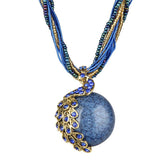 Boho Multi‑Strand Thread Cord Necklace, Vintage Carved Round Stone Ball Pendant Necklace, Ethnic Handmade Statement Necklace for Women 47.5cm