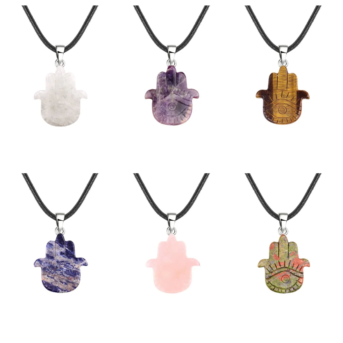 50×57mm Natural Crystal Hamsa Hand Pendant | Evil Eye Carved Gemstone Necklace for Protection