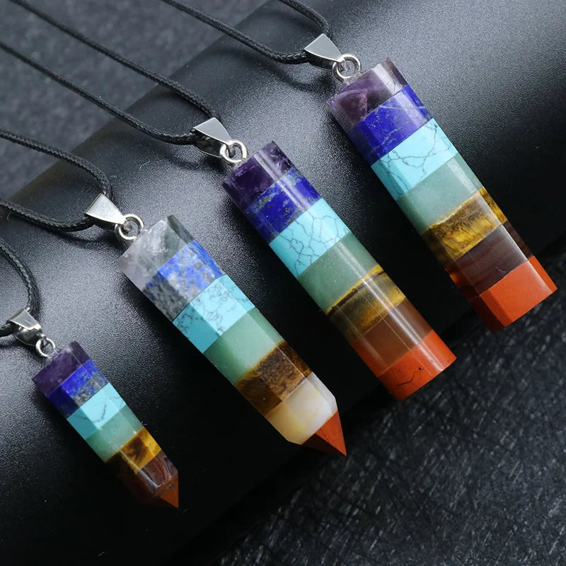 Healing Crystal 7 Chakra Column Stone Pendant Necklace for Reiki Meditation Women Birthday Gift