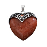 32×38mm Antique Silver Heart Gemstone Pendant | Natural Crystal Retro Love Charm for DIY Jewelry