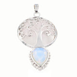 Silver Plated Life Of Tree Pendant with Teardrop Natural Crystal Stone Hollow Filigree Chakra Healing Gemstone Charm for Necklace Making
